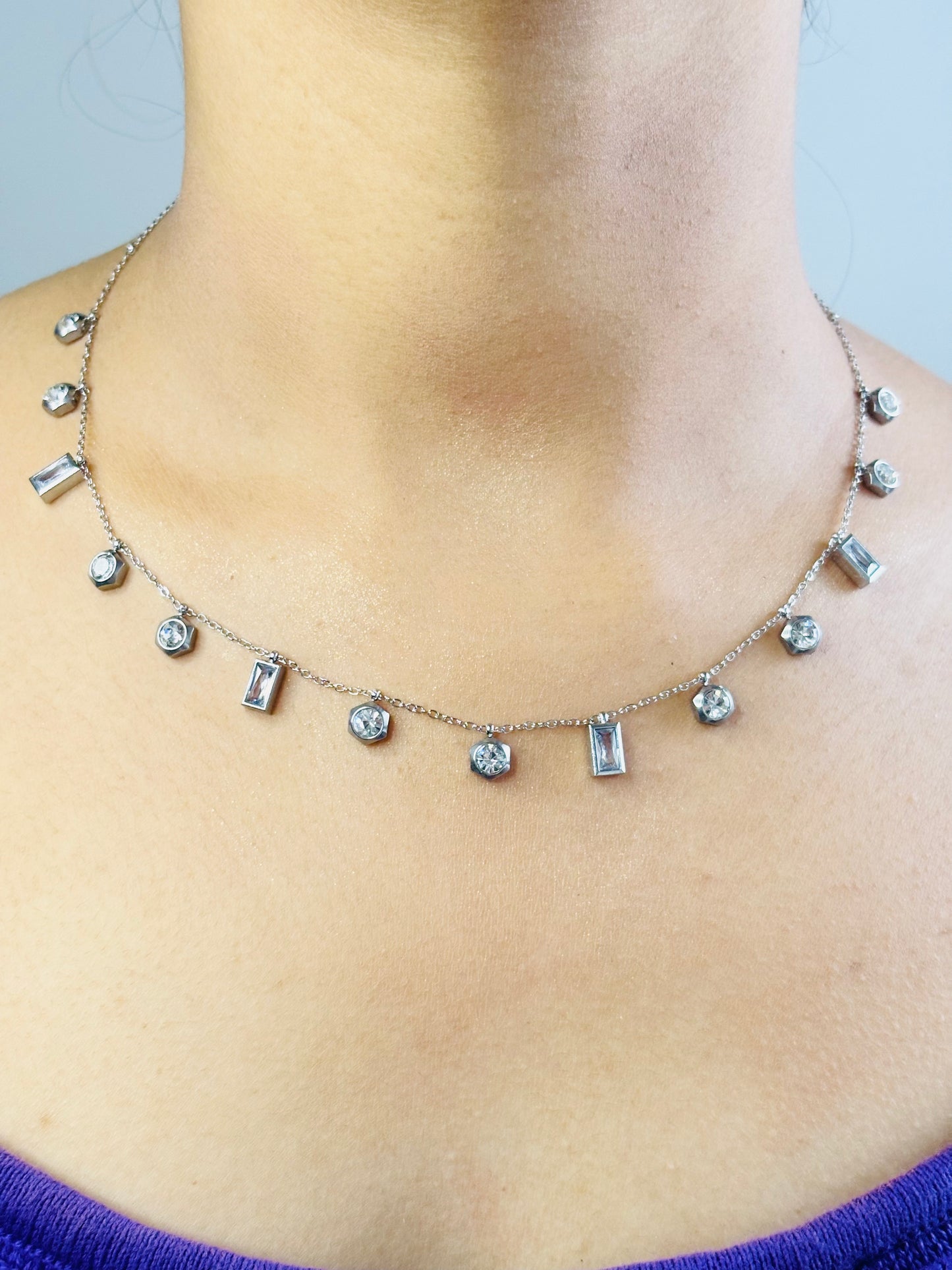 Zircon Silver Tassels Choker Necklace