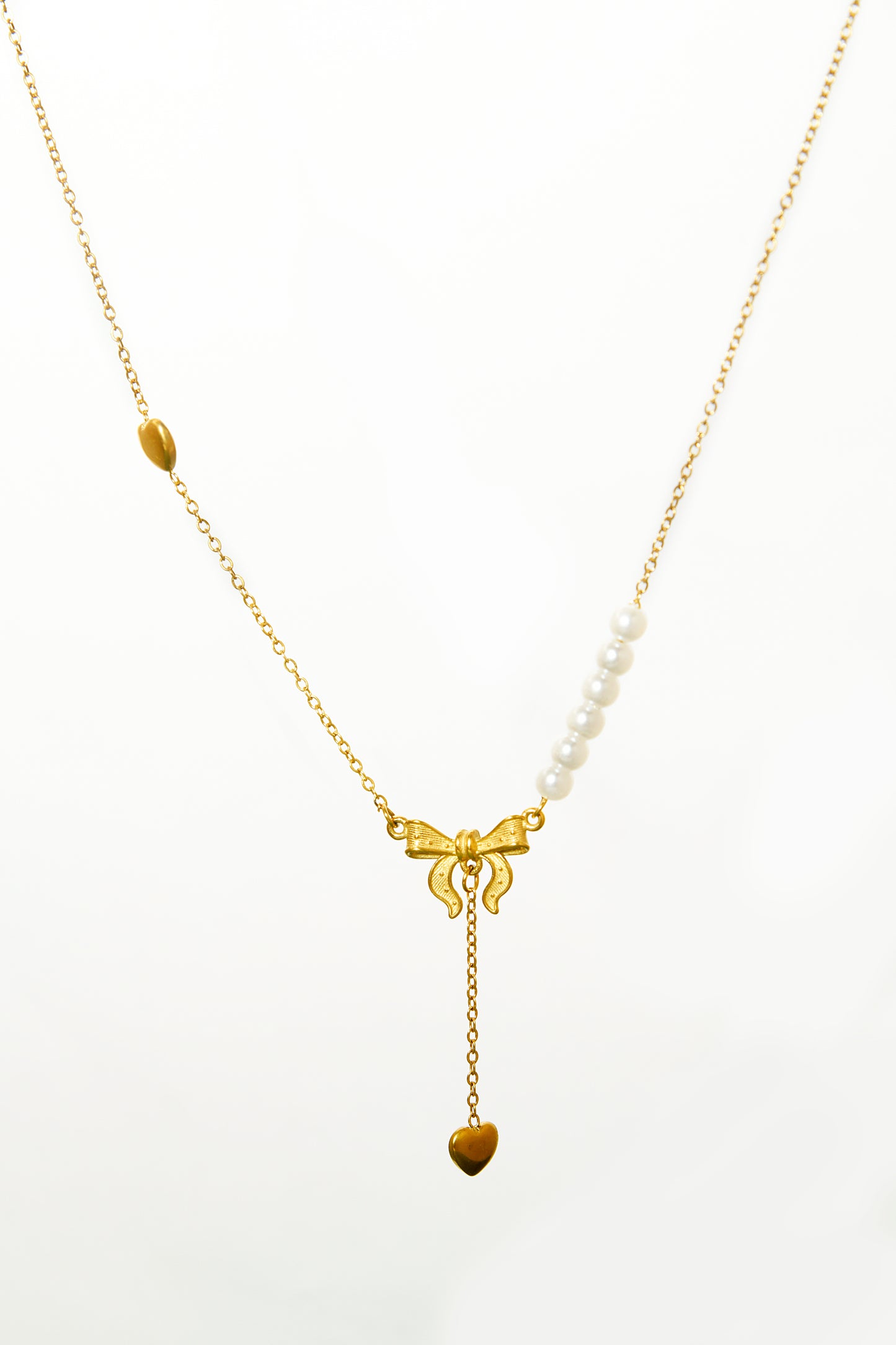 Bow Charm Necklace with Pearl Chain & Heart Charm 💖
