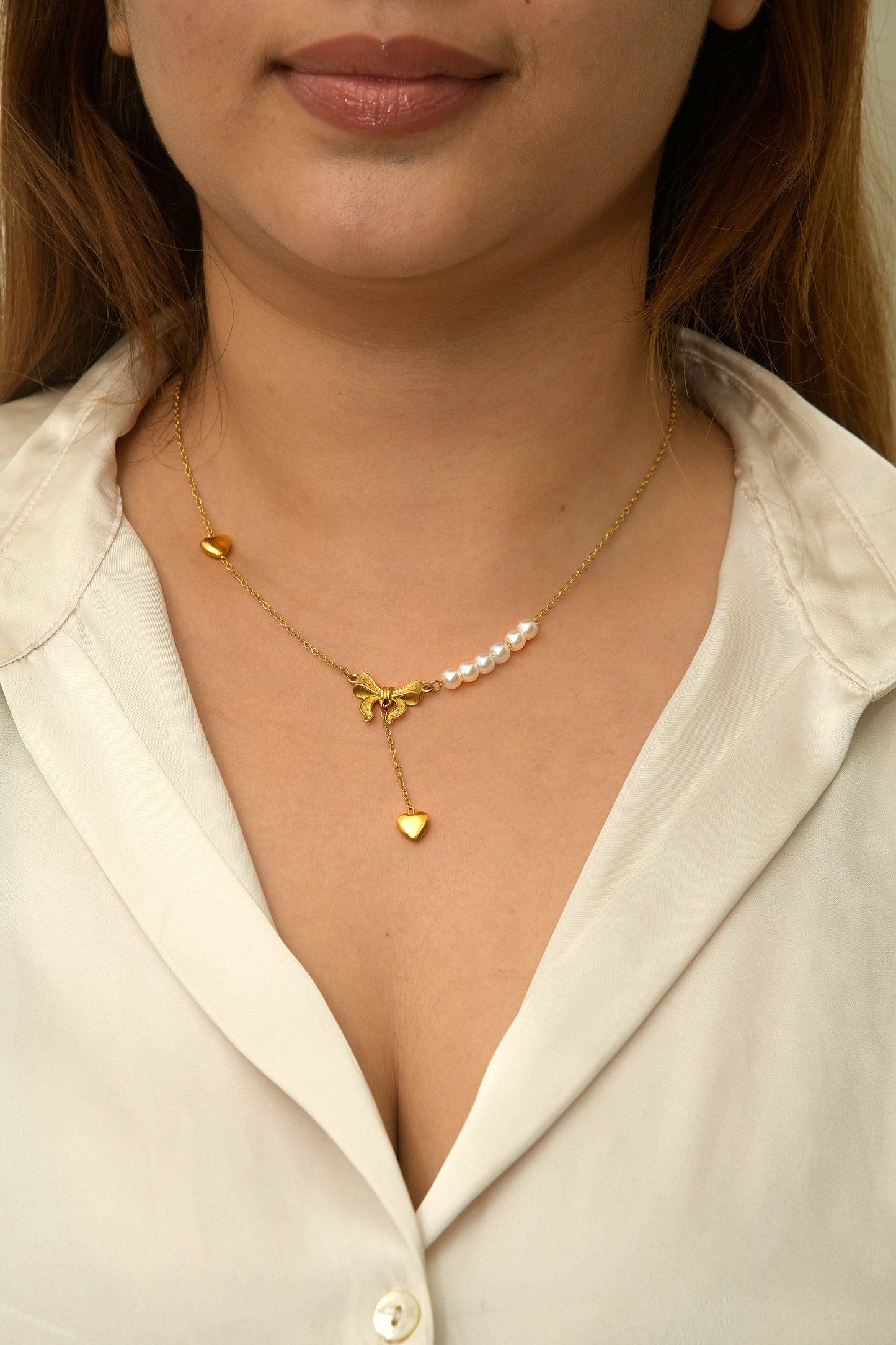 Bow Charm Necklace with Pearl Chain & Heart Charm 💖