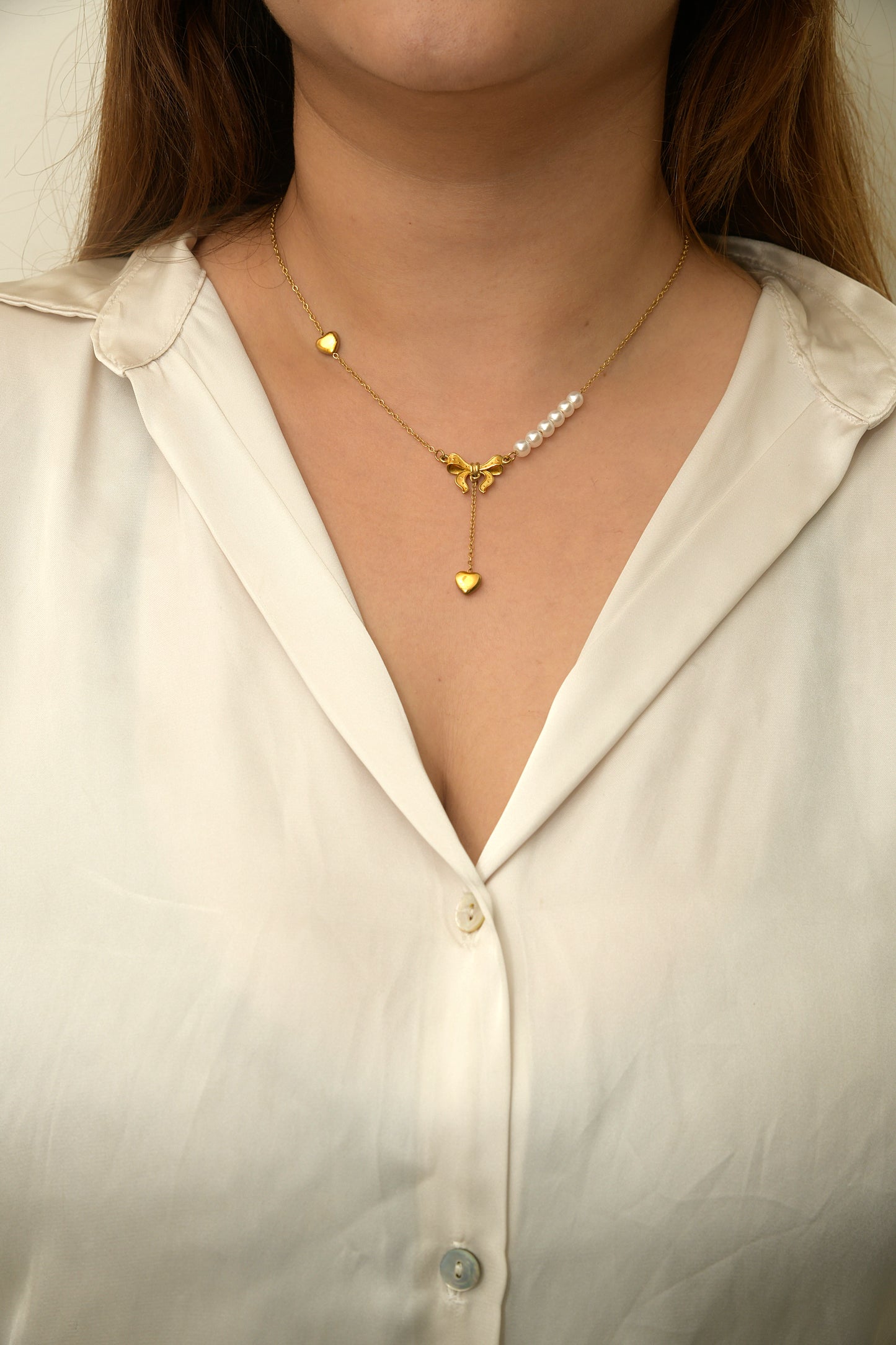 Bow Charm Necklace with Pearl Chain & Heart Charm 💖