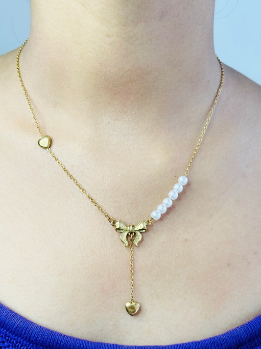 Bow Charm Necklace with Pearl Chain & Heart Charm 💖